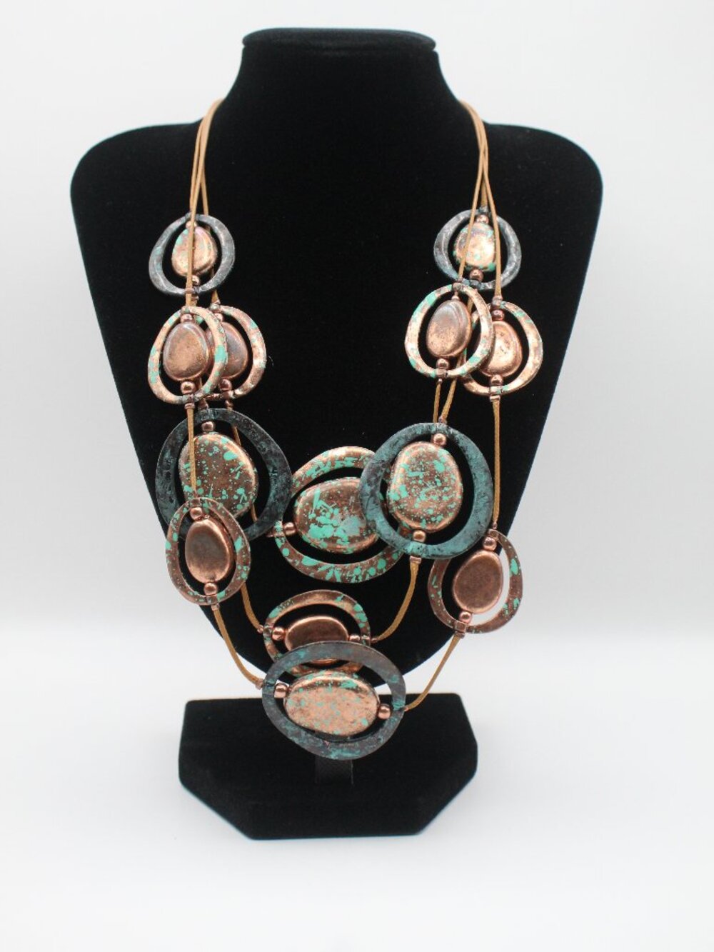 Multi Strand Copper Patina Inspired Disc Bib Necklace